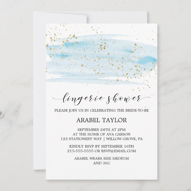 Watercolor Blue and Gold Sparkle Lingerie Shower Invitation (Front)