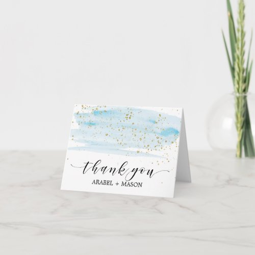 Watercolor Blue and Gold Sparkle Thank You Card
