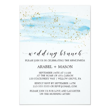 Watercolor Blue and Gold Sparkle Wedding Brunch Invitation