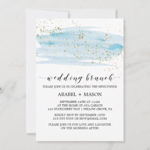 Watercolor Blue and Gold Sparkle Wedding Brunch Invitation