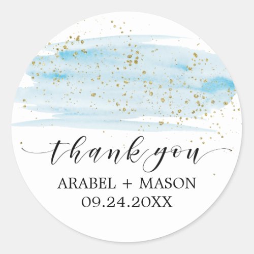 Watercolor Blue and Gold Sparkle Wedding Favor Classic Round Sticker