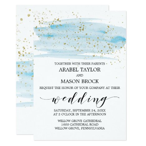 Watercolor Blue and Gold Sparkle Wedding Invitation