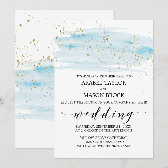 Watercolor Blue and Gold Sparkle Wedding Invitation (Front/Back)