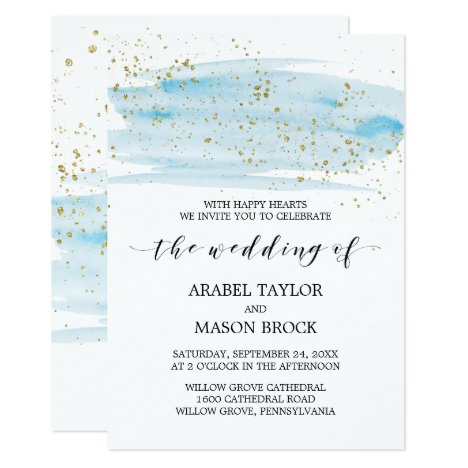 Watercolor Blue and Gold Sparkle Wedding Invitation