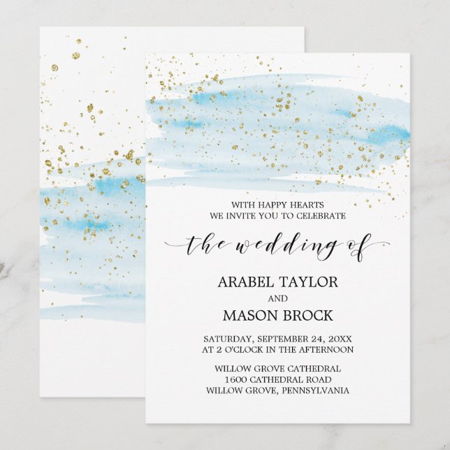 Watercolor Blue and Gold Sparkle Wedding Invitation (Front/Back)