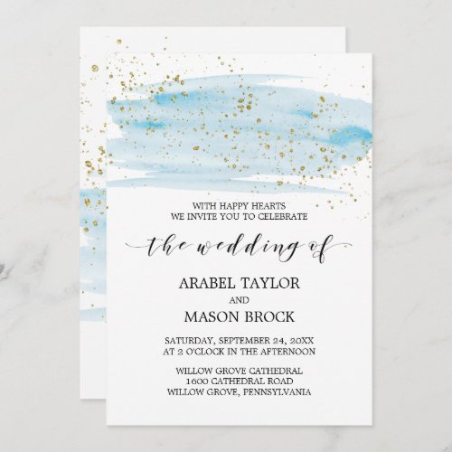 Watercolor Blue and Gold Sparkle Wedding Invitation