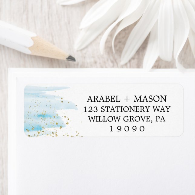 Watercolor Blue and Gold Sparkle Wedding Label (Insitu)