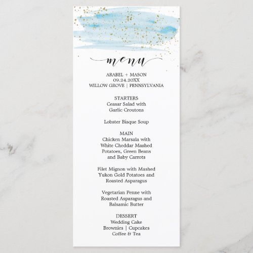 Watercolor Blue and Gold Sparkle Wedding Menu