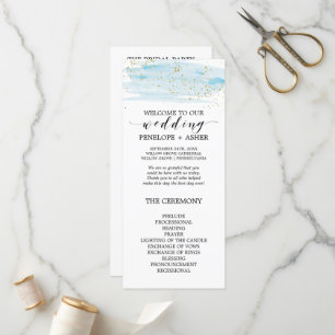 Watercolor Blue and Gold Sparkle Wedding Program