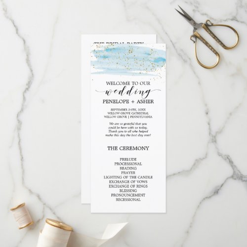 Watercolor Blue and Gold Sparkle Wedding Program