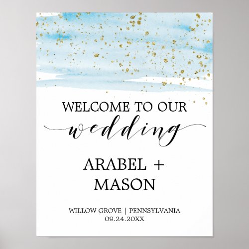 Watercolor Blue and Gold Sparkle Wedding Welcome Poster