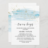 Watercolor Blue and Gold Twin Boys Baby Shower Invitation