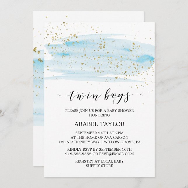 Watercolor Blue and Gold Twin Boys Baby Shower Invitation (Front/Back)
