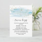 Watercolor Blue and Gold Twin Boys Baby Shower Invitation (Standing Front)