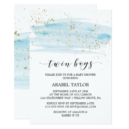 Watercolor Blue And Gold Twin Boys Baby Shower Invitation 149523