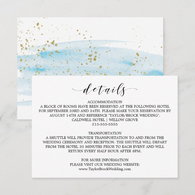 Watercolor Blue and Gold Wedding Details Card (Front/Back)