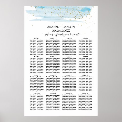 Watercolor Blue and Gold Wedding Seating Chart