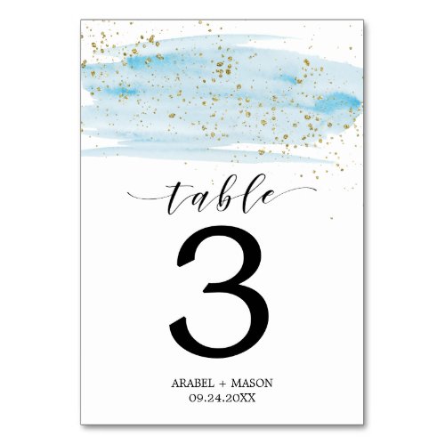 Watercolor Blue and Gold Wedding Table Number