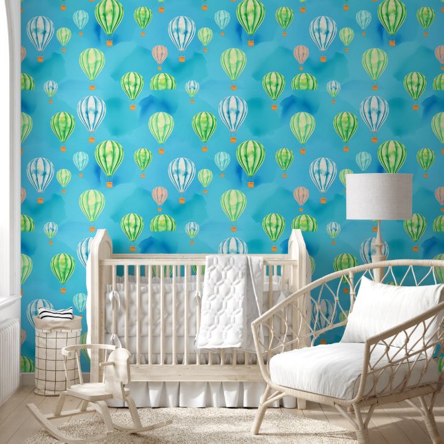 Watercolor Blue and Green Hot Air Balloons Wallpaper (Kids)