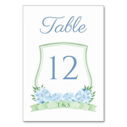 Watercolor Blue And Green Hydrangea Crest Wedding Table Number