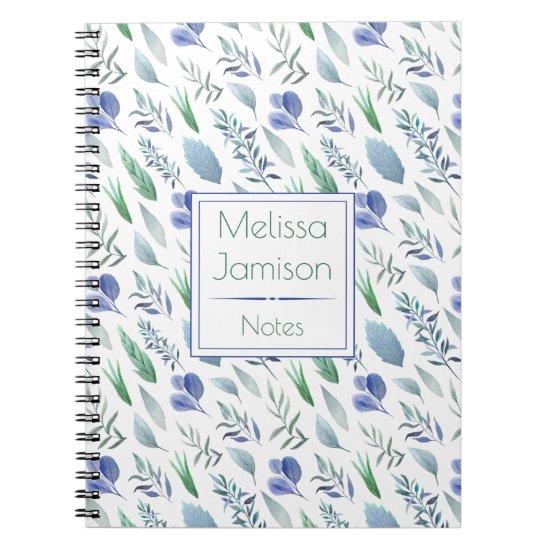 Watercolor Blue and Green Leaves Monogram | Notebook