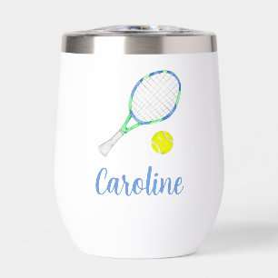 Watercolor Blue and Green Tennis Personalized Thermal Wine Tumbler
