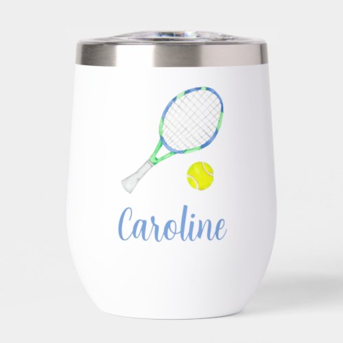 Watercolor Blue and Green Tennis Personalized Thermal Wine Tumbler