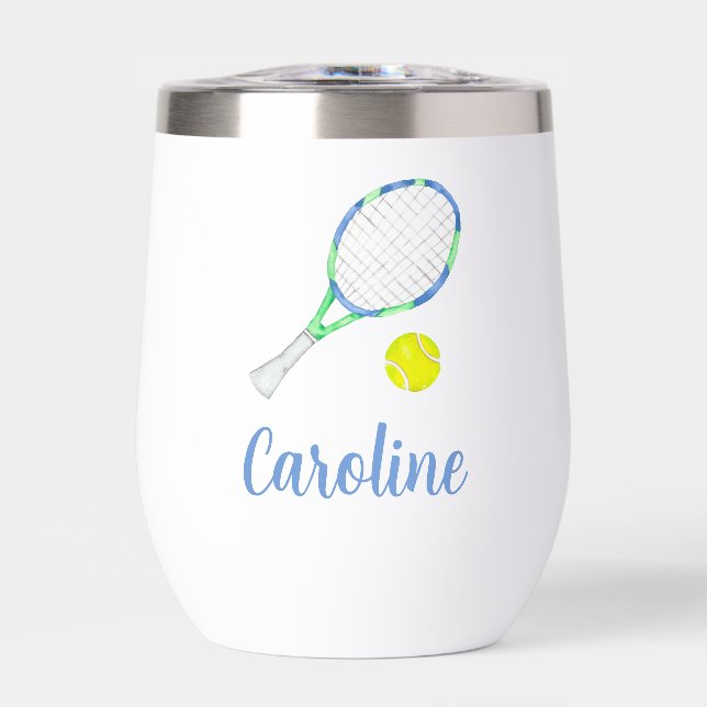 Watercolor Blue and Green Tennis Personalized Thermal Wine Tumbler (Front)
