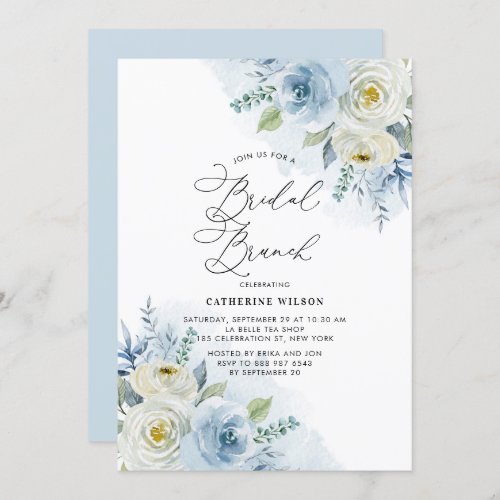 Watercolor Blue and Ivory Roses Bridal Brunch Invitation