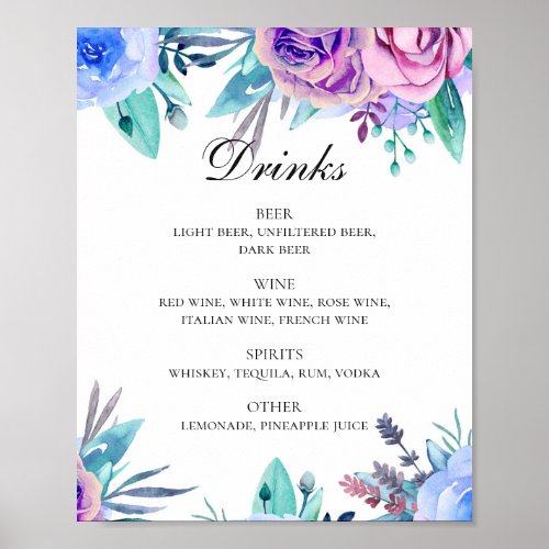 Watercolor blue and pink floral wedding drinks bar poster