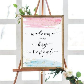 Watercolor Blue And Pink Gender Reveal Welcome Poster by SweetLittlePaperCo at Zazzle