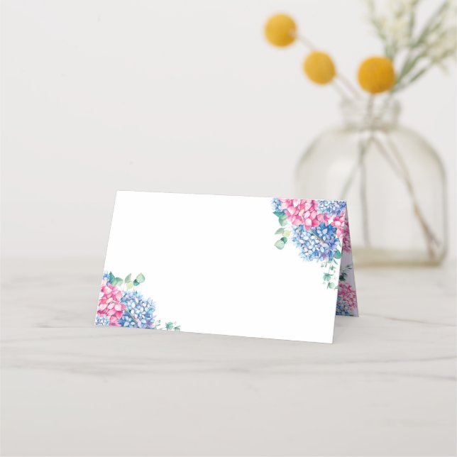 Watercolor Blue and PInk Hydrangea Wedding Place Card (Front)