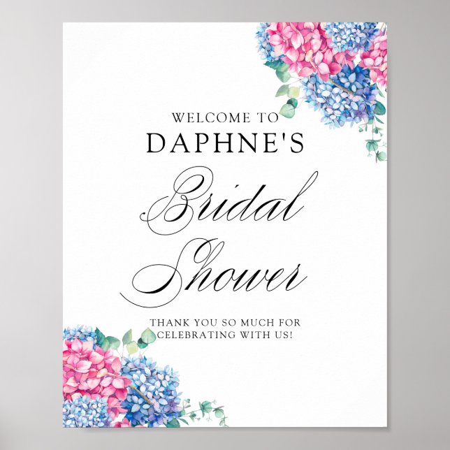 Watercolor Blue and Pink Hydrangeas Bridal Shower Poster (Front)