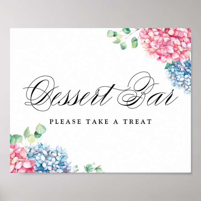 Watercolor Blue and Pink Hydrangeas Desser Bar Poster (Front)