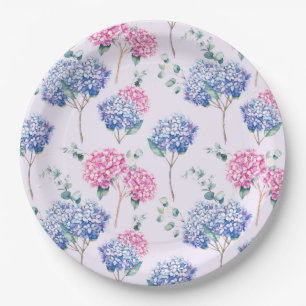 Watercolor Blue and Pink Hydrangeas Floral Pattern Paper Plates