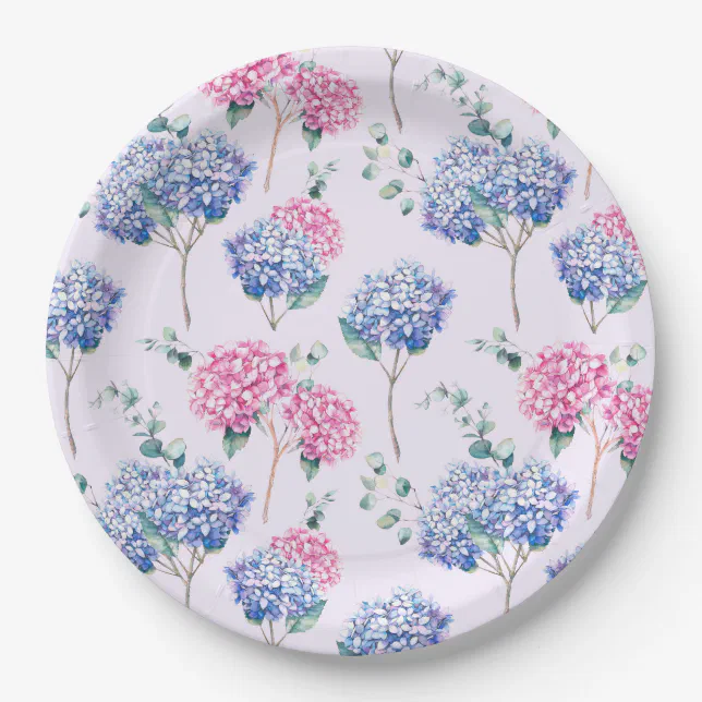 Watercolor Blue and Pink Hydrangeas Floral Pattern Paper Plates | Zazzle
