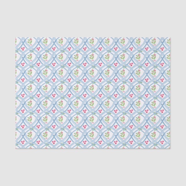Watercolor Blue and Pink Ribbon & Holly Tissue Paper (Front)