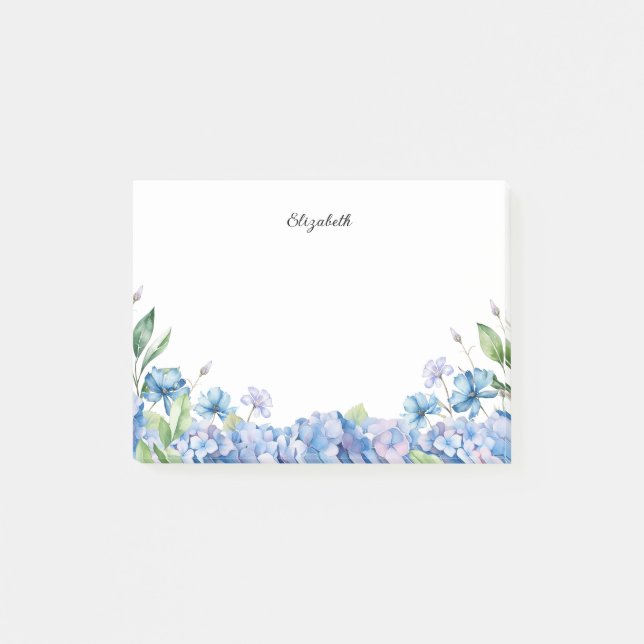 Watercolor Blue and Purple Hydrangeas Personalized Post-it Notes (Front)