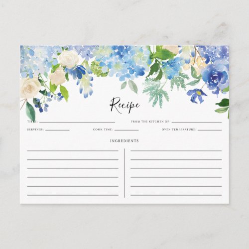 Watercolor Blue and Purple Hydrangeas Recipe Card