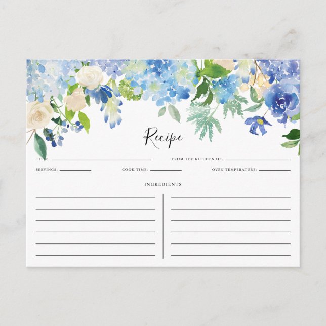 Watercolor Blue and Purple Hydrangeas Recipe Card (Front)