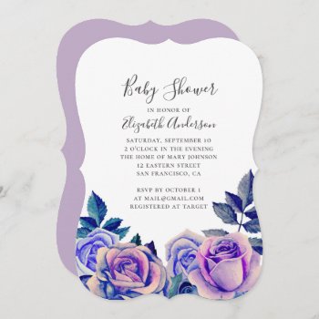 Watercolor Blue And Purple Roses Baby Shower Invitation by RemioniArt at Zazzle