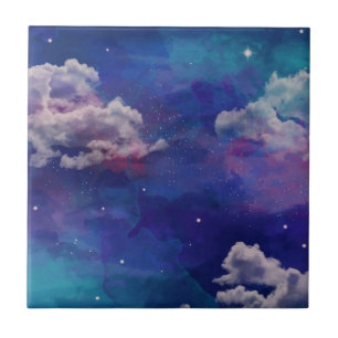 Watercolor Blue And Purple Starry Night Sky Ceramic Tile