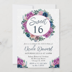 Watercolor Blue and Purple Summer Wreath Sweet 16 Invitation
