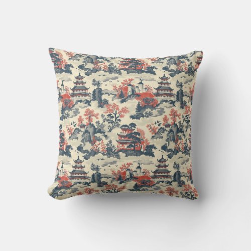 Watercolor blue and red China landscape pagoda Throw Pillow