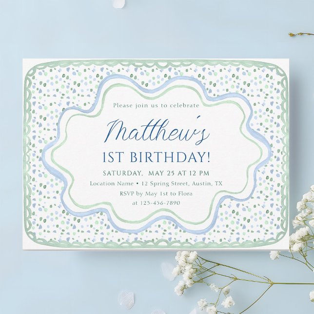 Watercolor Blue and Sage Green 1st Birthday Party Invitation (Creator Uploaded)