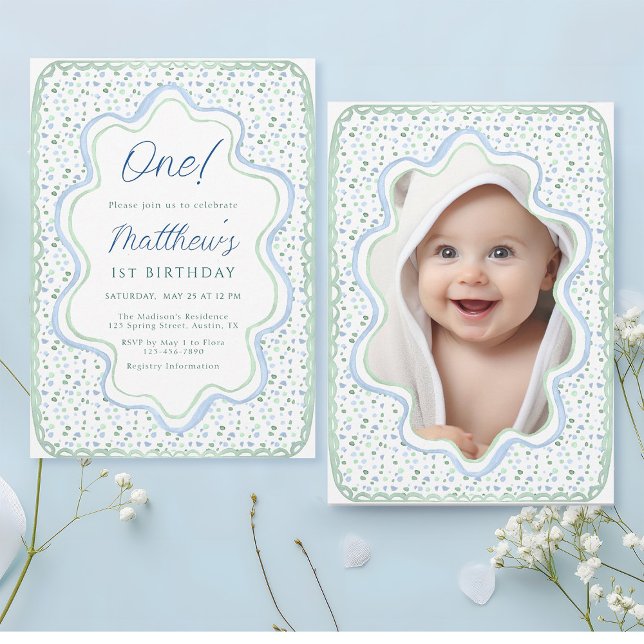 Watercolor Blue and Sage Green 1st Birthday Photo Invitation (Front & Back)