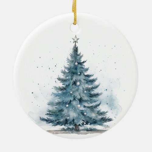 Watercolor Blue and silver Christmas tree  Ceramic Ornament
