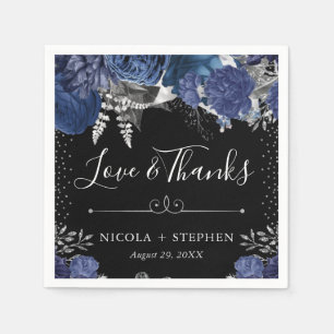 Watercolor Blue and Silver Flowers Wedding Napkins