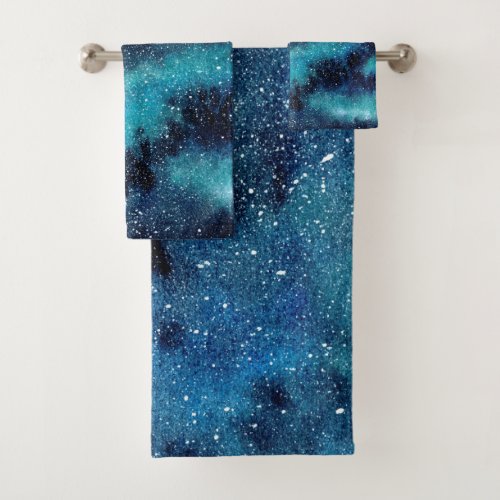 Watercolor blue and turquoise galaxy with stars bath towel set