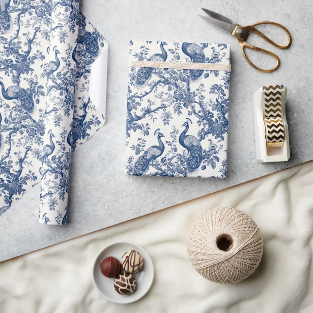 Watercolor blue and white China peacock chinoserie Wrapping Paper (Crafts)